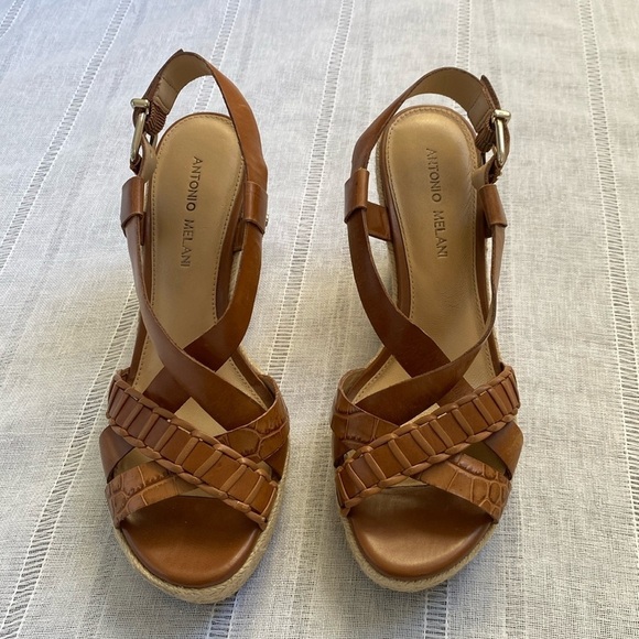 Shoes - Antonio Melani cognac leather espadrille wedge sandals.